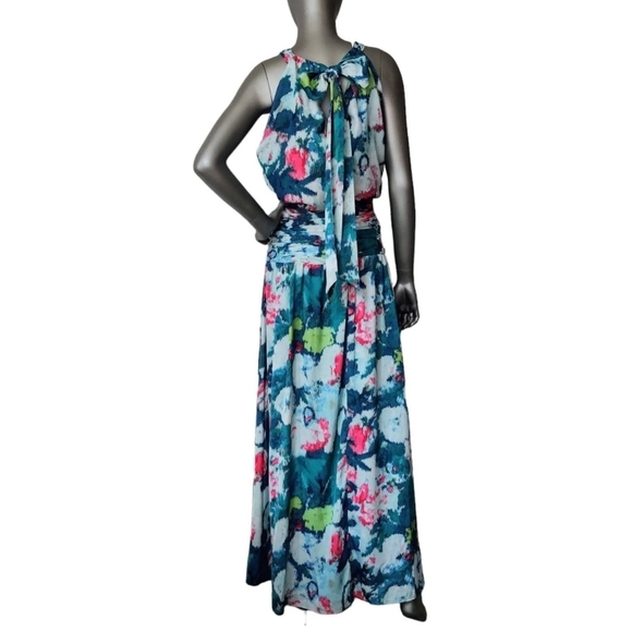 UNGARO Maureen Halter Maxi Dress M  Floral Blue Multi Ruched Waist Sleeveless - Picture 2 of 16